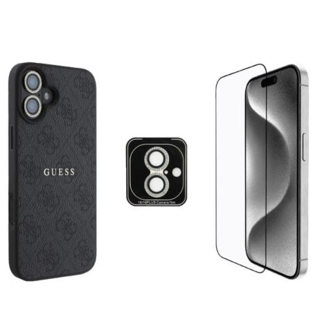 GUESS Bundle Protective 3-en-1 pour iPhone – Coque MagSafe, Verre trempé et Protection Objectif Caméra – Noir
