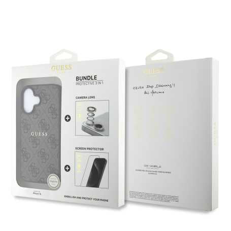 GUESS Bundle Protecteur 3-en-1 pour iPhone 16/16 Pro – Coque MagSafe, Verre trempé et Protection d’objectif caméra Rhinestone – Marron