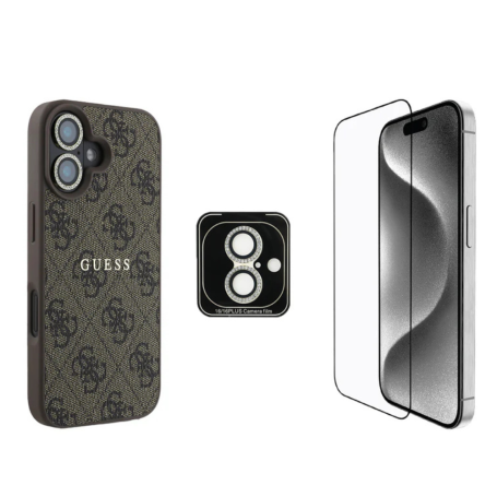 GUESS Bundle Protecteur 3-en-1 pour iPhone 16/16 Pro – Coque MagSafe, Verre trempé et Protection d’objectif caméra Rhinestone – Marron